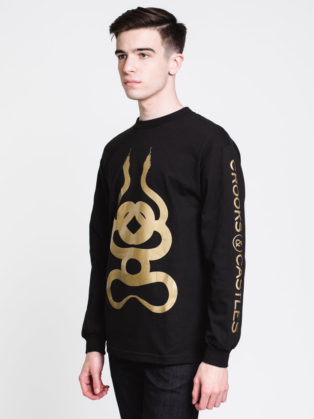 MENS GOLD DUEL SNAKES LONG SLEEVE T-SHIRT - BLACK - CLEARANCE