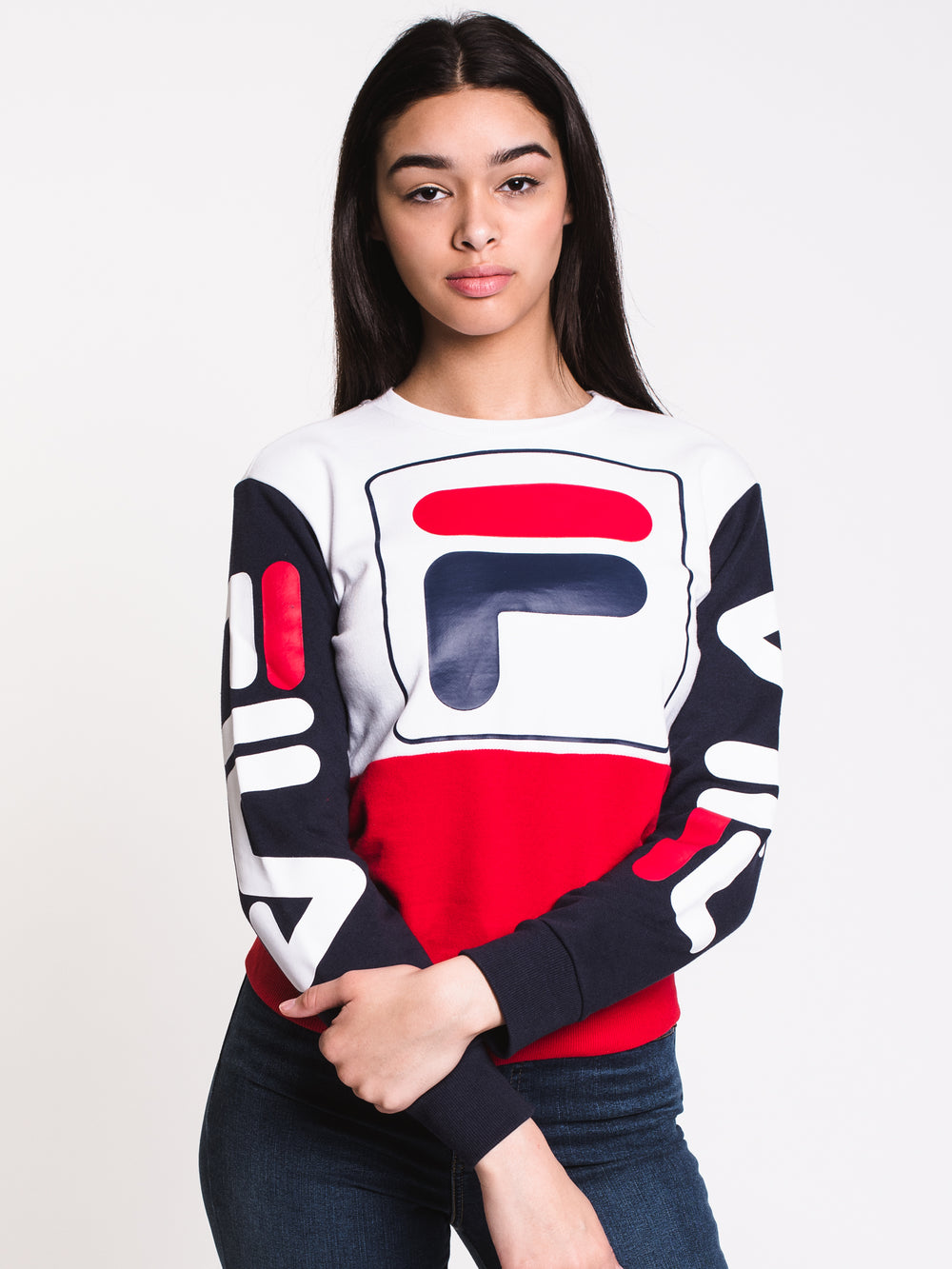 WOMENS STACY SWEATSHIRT - WHITE/NAVY - CLEARANCE