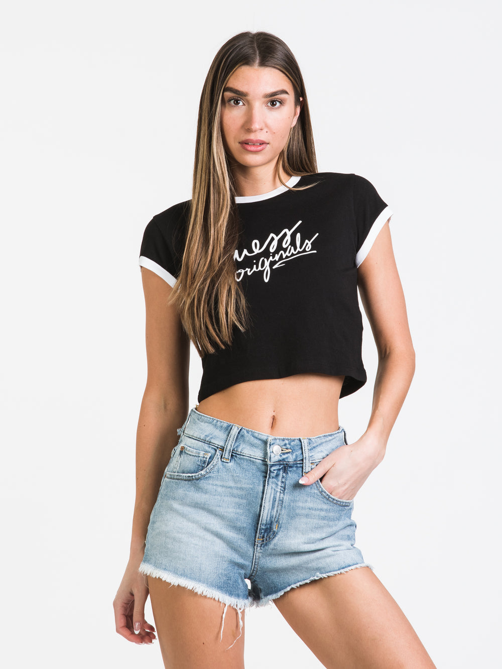 GUESS ORIGINALS CROPPED SHORT SLEEVE RINGER TEE - CLEARANCE