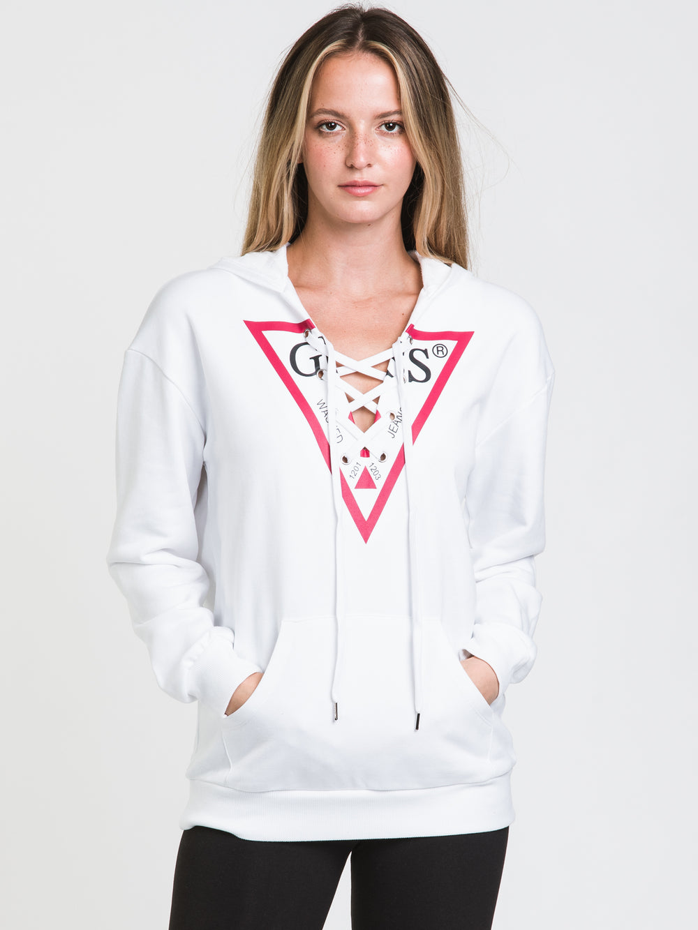 GUESS TRIANGLE LOGO FRONT LACE PULLOVER HOODIE - CLEARANCE