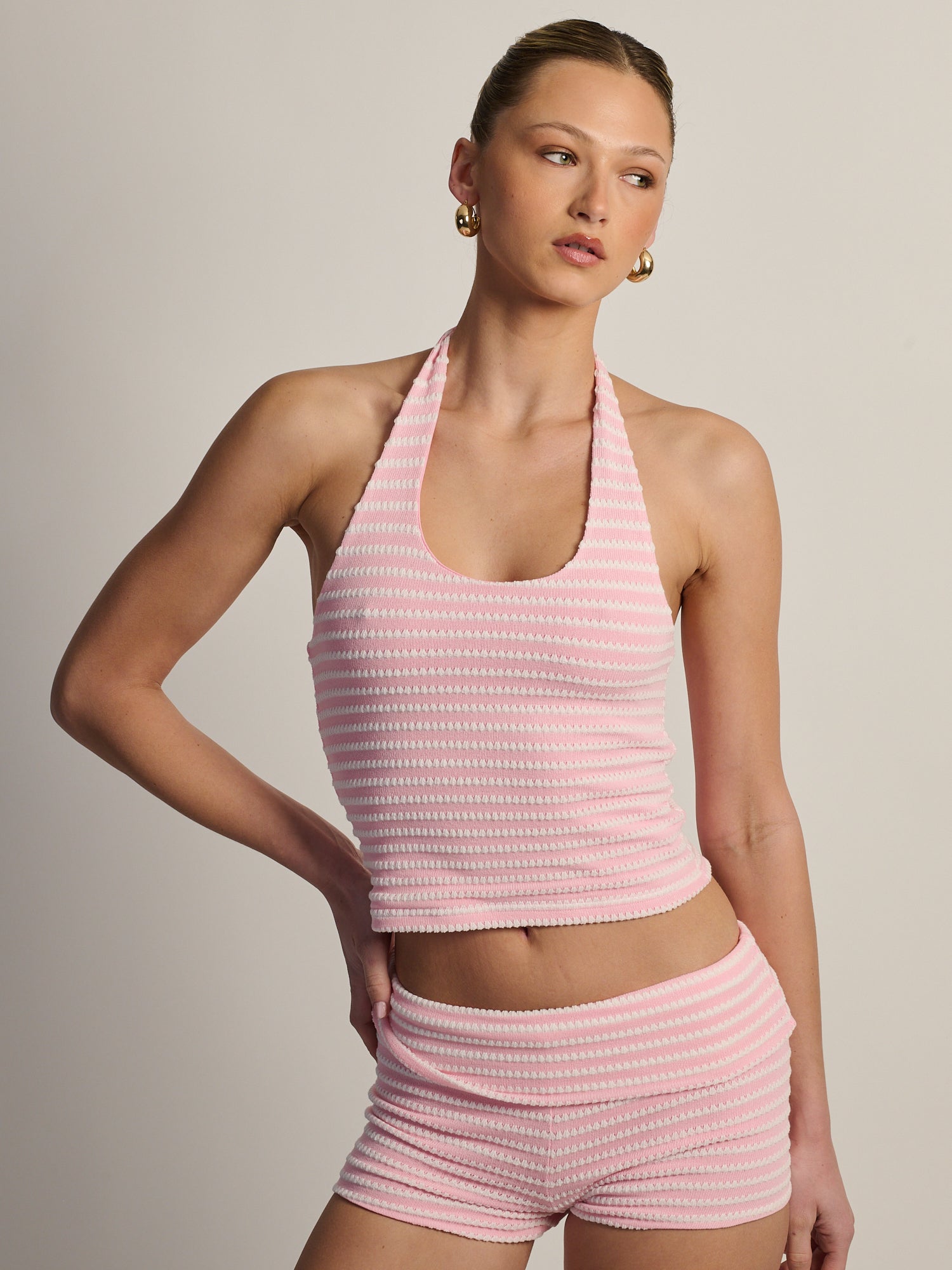HARLOW MELANI HALTER TOP - PINK/WHITE