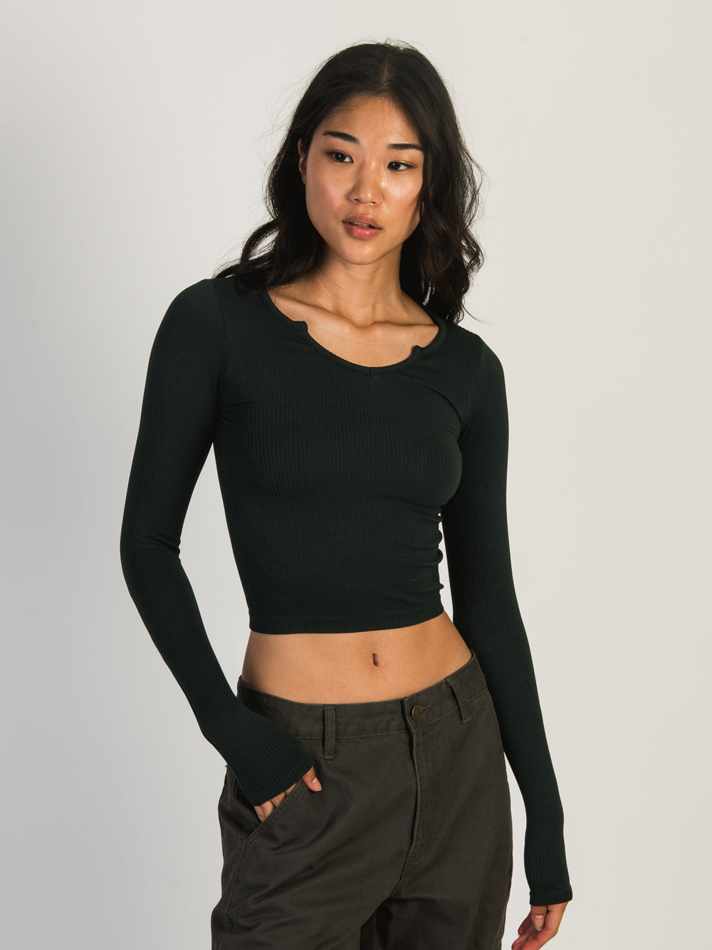 HARLOW HARPER SEAMLESS NOTCH LONG SLEEVE - FOREST