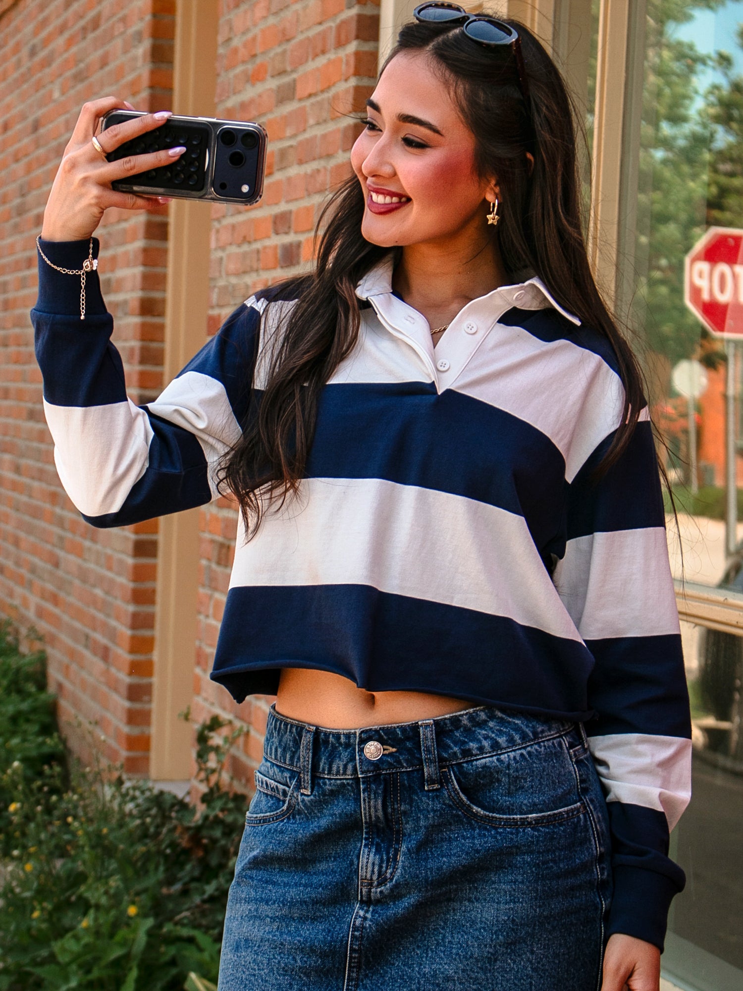 HARLOW RORY CROPPED RUGBY LONG SLEEVE - NAVY/ WHITE