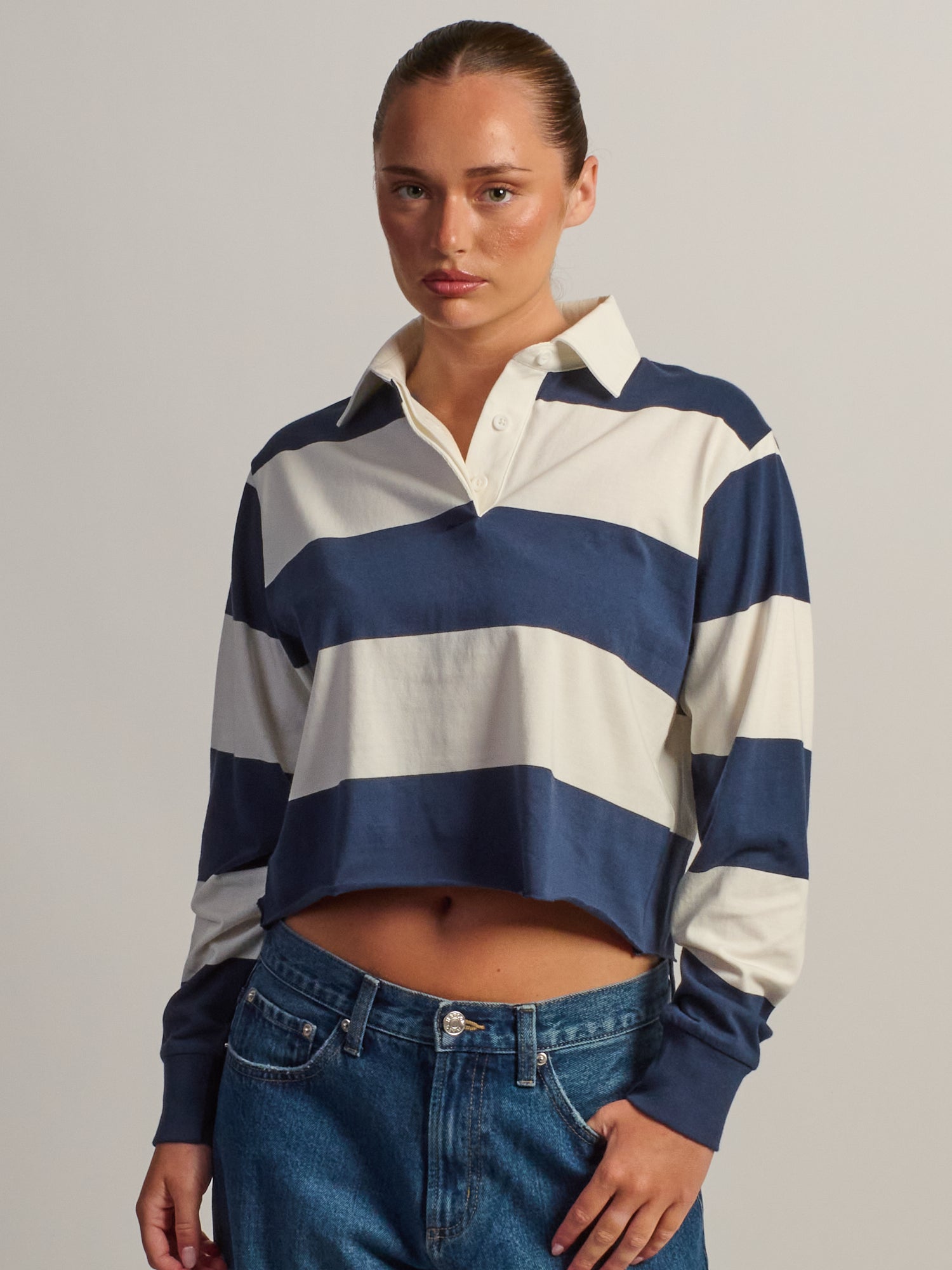 HARLOW RORY CROPPED RUGBY LONG SLEEVE - NAVY/ WHITE