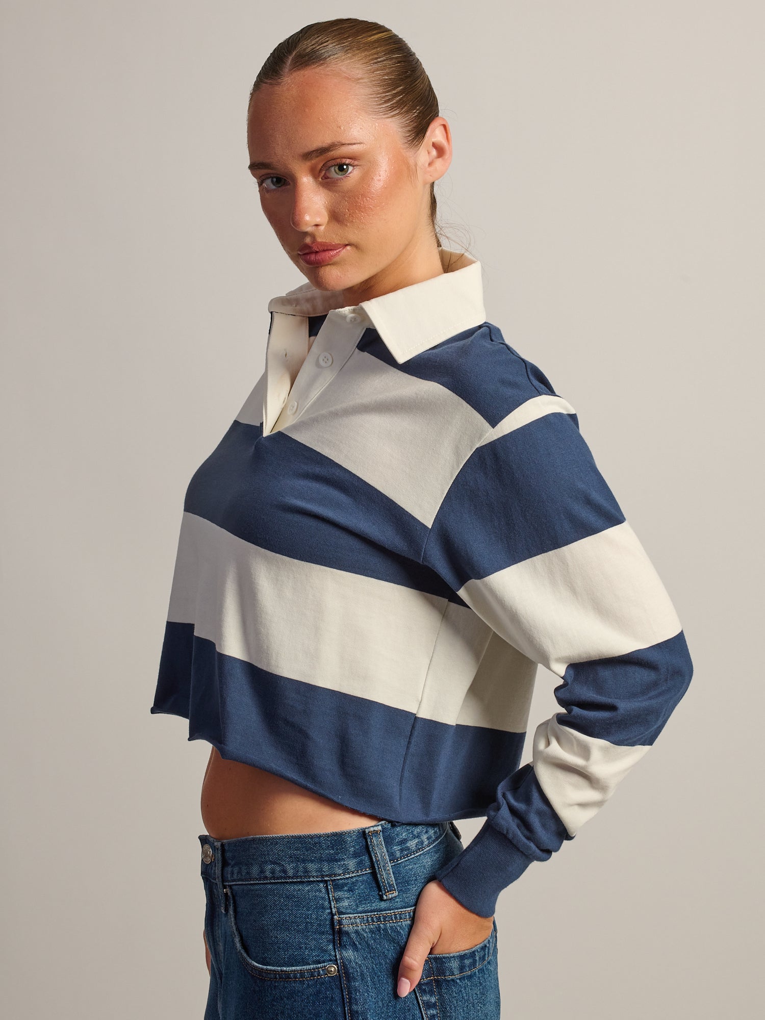 HARLOW RORY CROPPED RUGBY LONG SLEEVE - NAVY/ WHITE