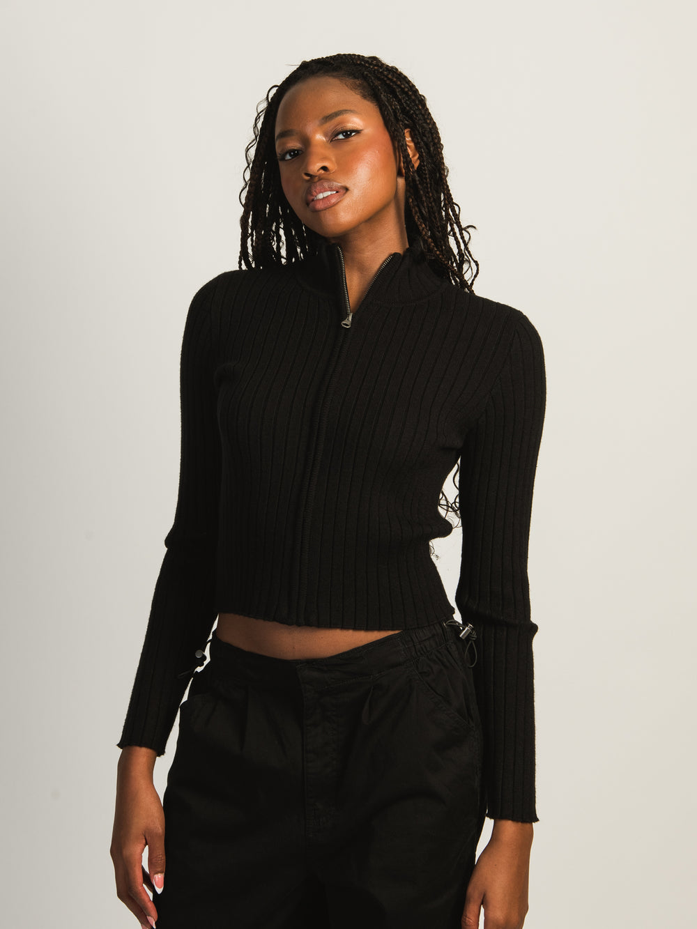 HARLOW RIBBED MOCKNECK ZIP UP - BLACK