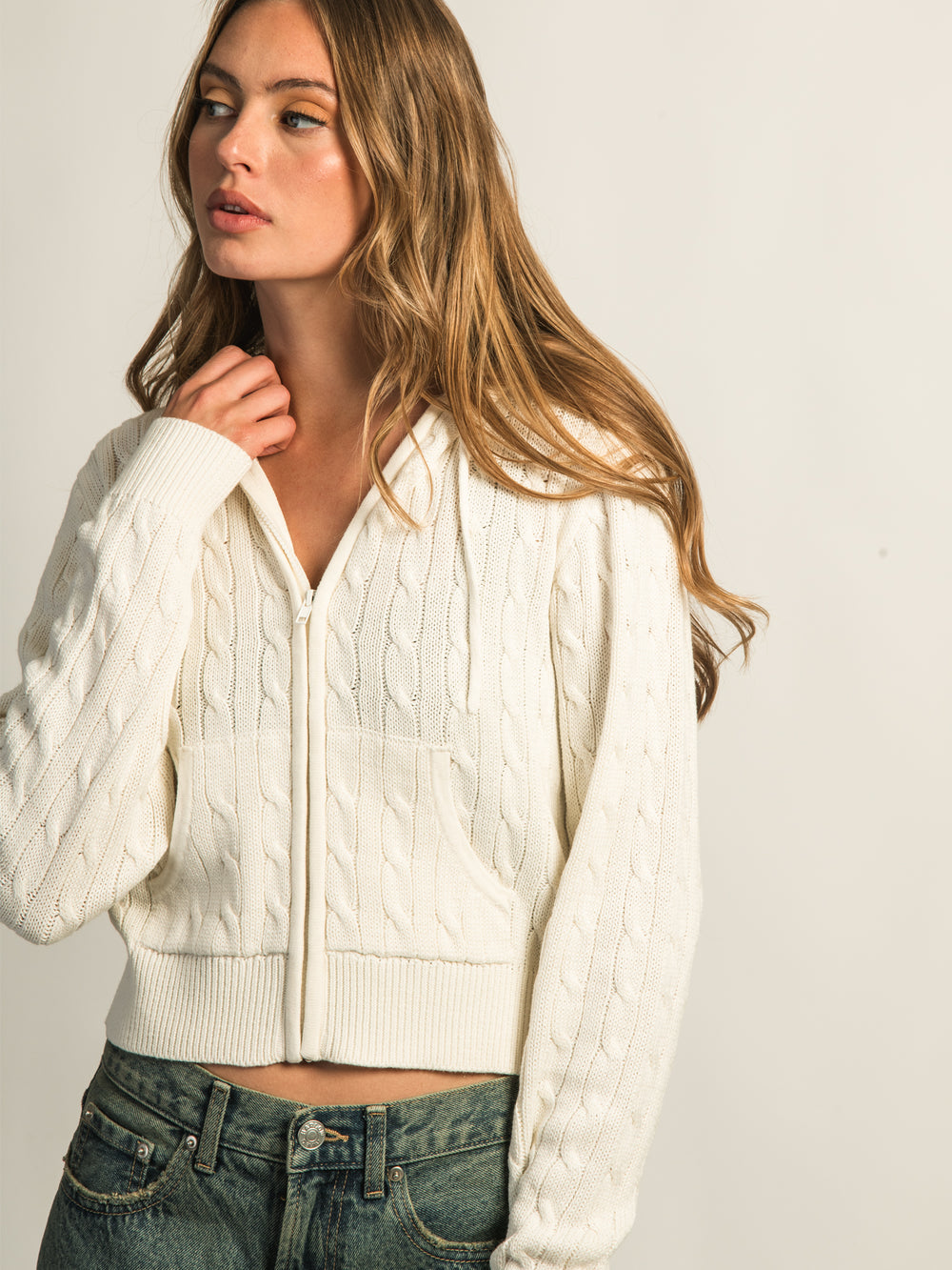 HARLOW MAUDE CABLE KNIT ZIP-UP - OFF WHITE