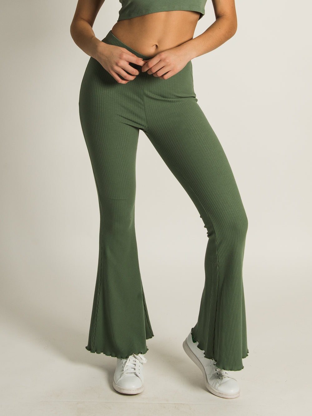 Olive Green Zip Up Flare Trousers