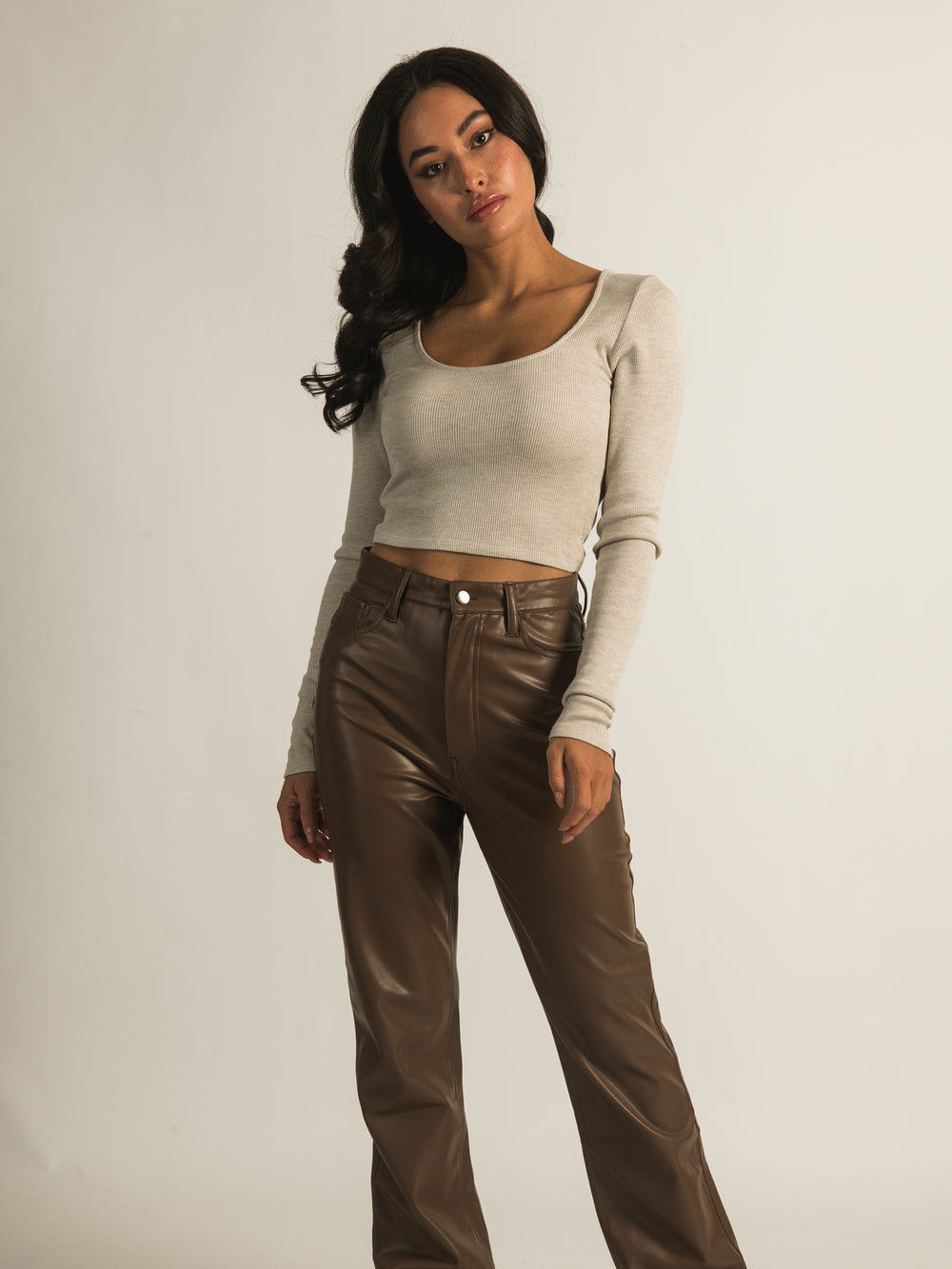 BEIGE LEATHER PANTS WITH SLITS