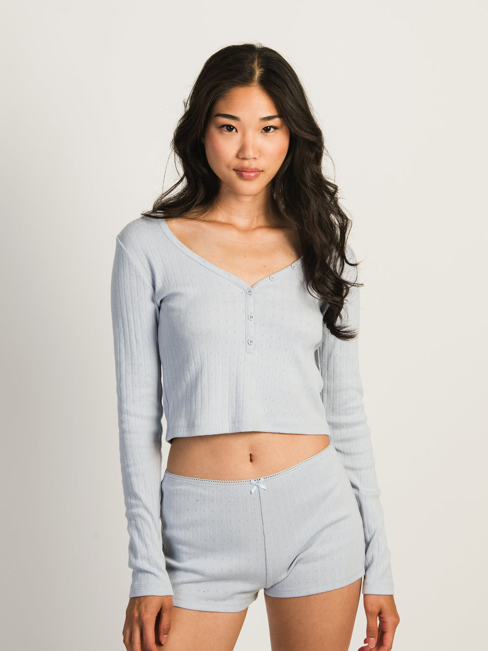 HARLOW PIA POINTELLE LONG SLEEVE HENLEY - BABY BLUE