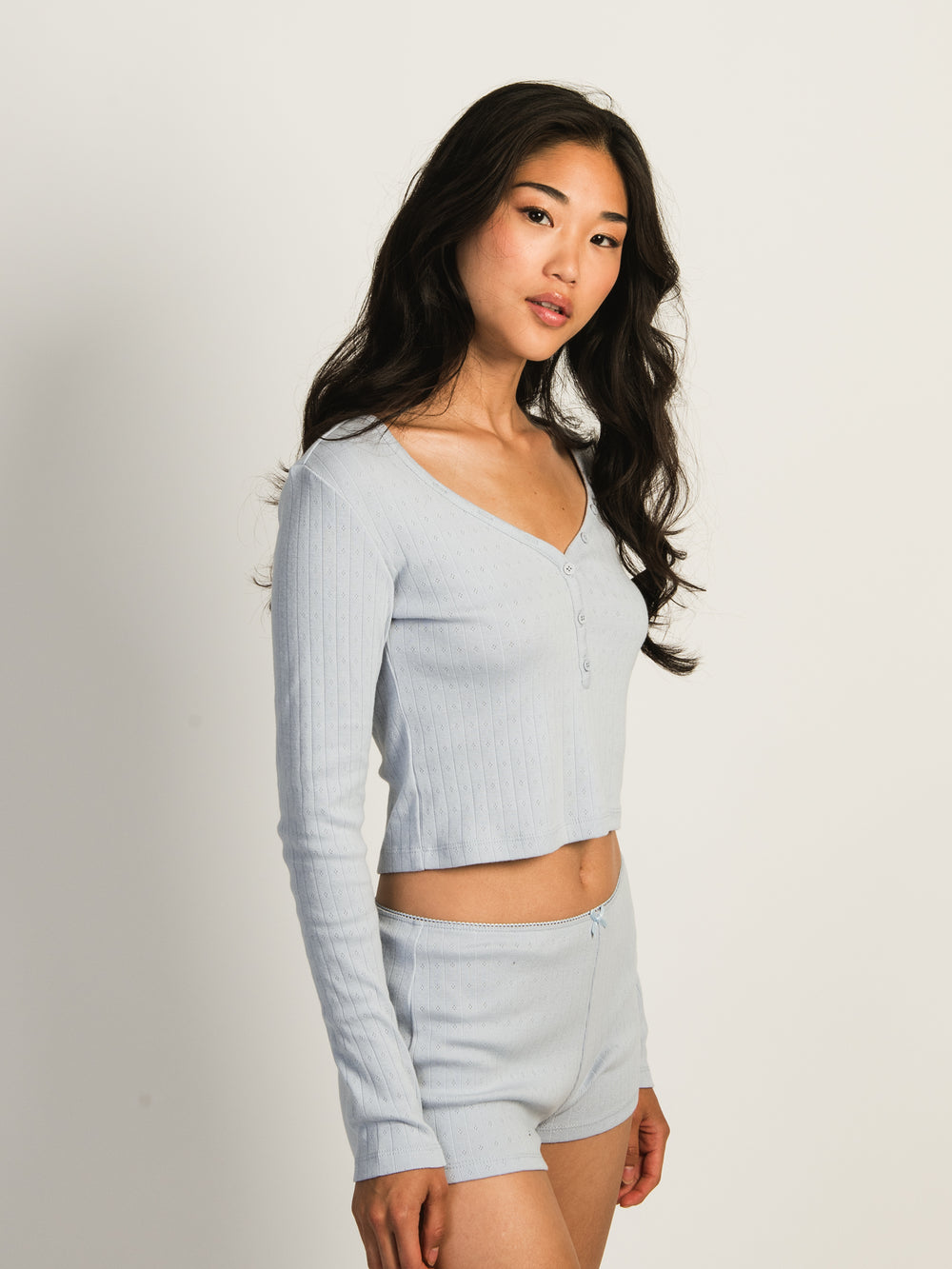 HARLOW PIA POINTELLE LONG SLEEVE HENLEY - BABY BLUE