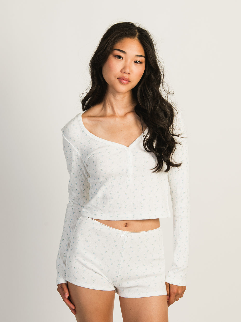 HARLOW PIA POINTELLE DITSY LONG SLEEVE HENLEY - OFF WHITE