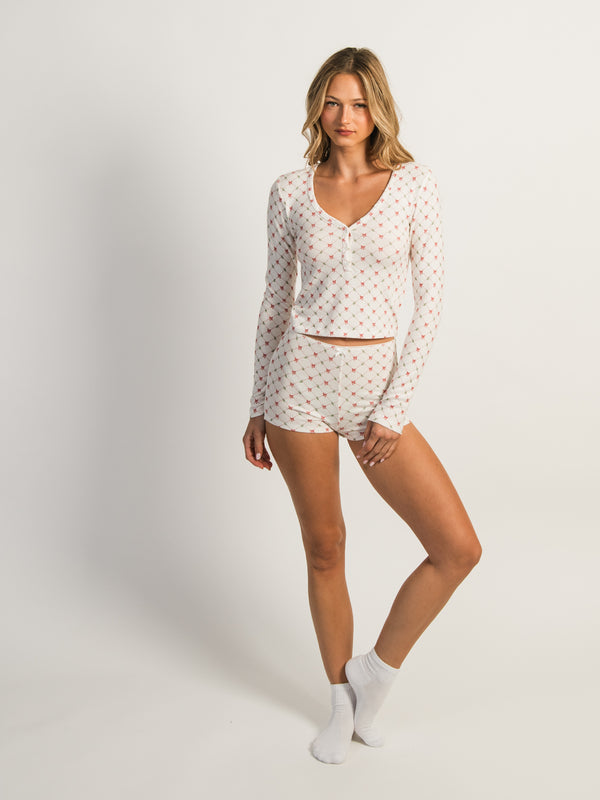 HARLOW HOLLY LONG SLEEVE DITSY HENLEY - WHITE
