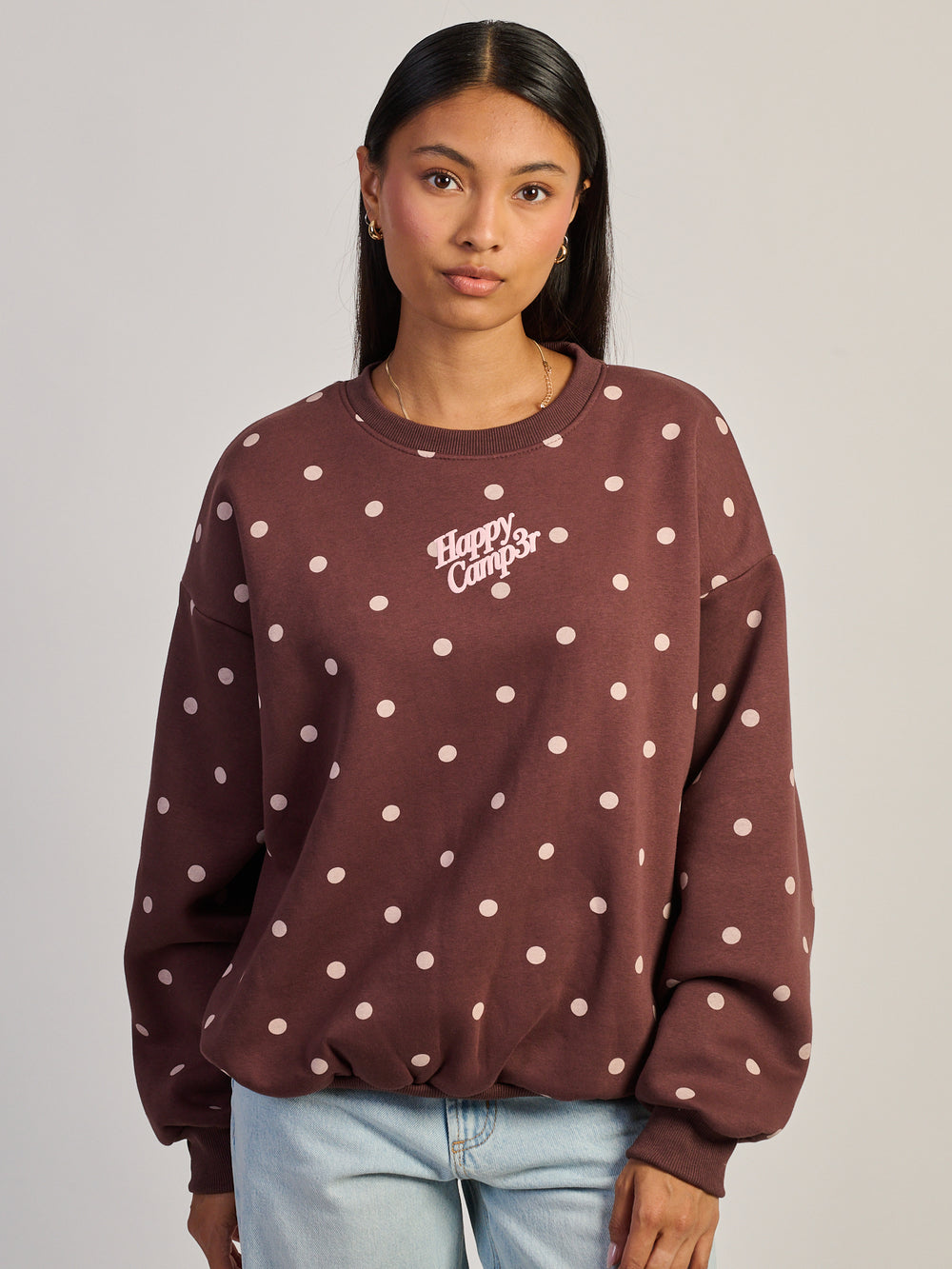 HAPPY CAMPER COCOA DOT CREWNECK
