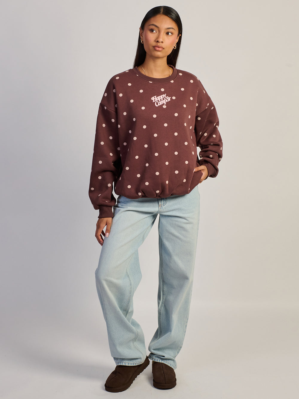 HAPPY CAMPER COCOA DOT CREWNECK