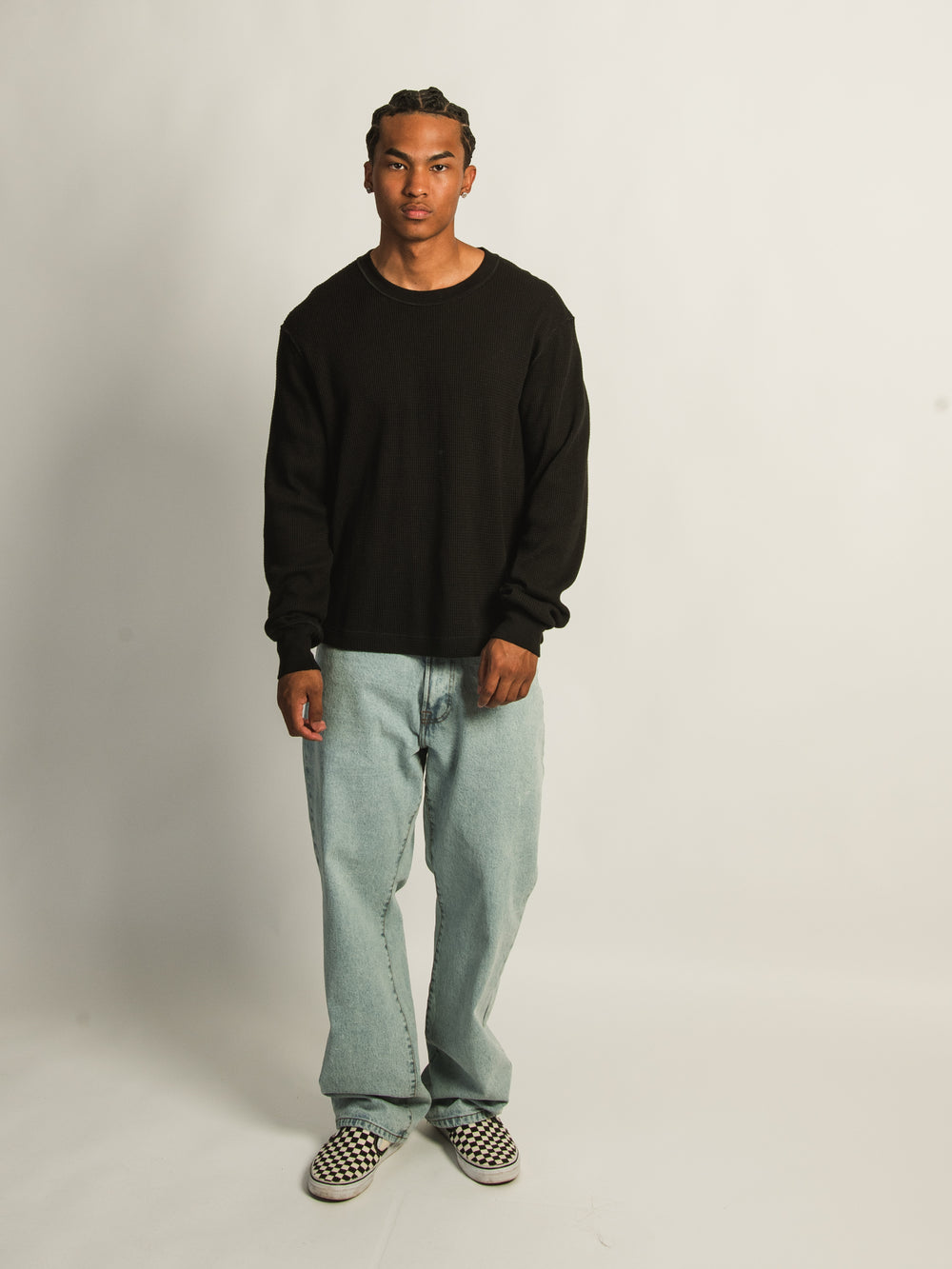 KOLBY SHORT CUT LONG SLEEVE WAFFLE SHIRT - BLACK