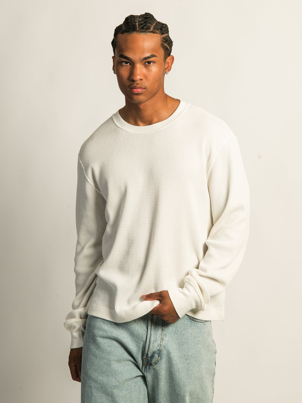 KOLBY SHORT CUT LONG SLEEVE WAFFLE SHIRT - OFF WHITE