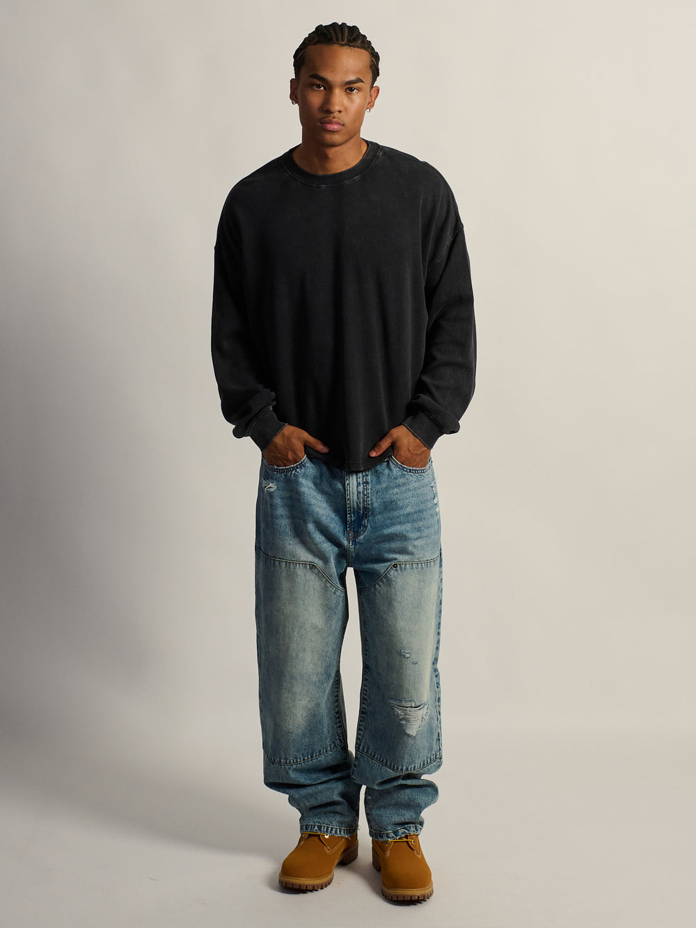 KOLBY HEAVYWEIGHT LONG SLEEVE WAFFLE TEE - BLACK