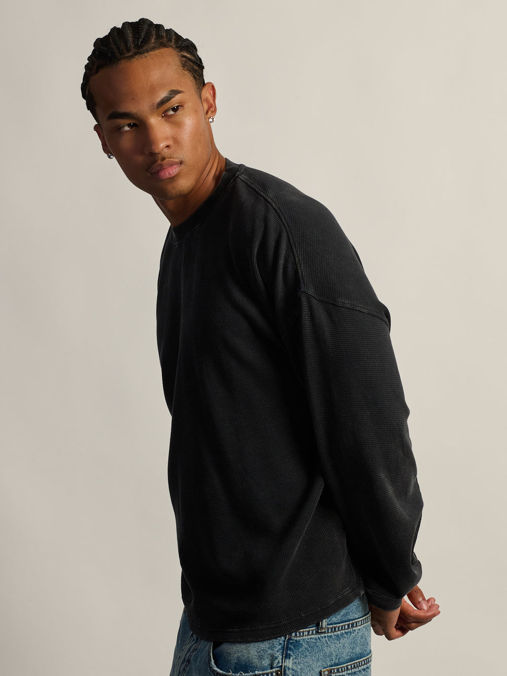 KOLBY HEAVYWEIGHT LONG SLEEVE WAFFLE TEE - BLACK