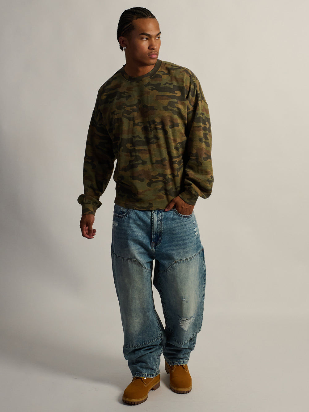 KOLBY T-SHIRT GAUFRÉ À MANCHES LONGUES LOURDES - CAMOUFLAGE