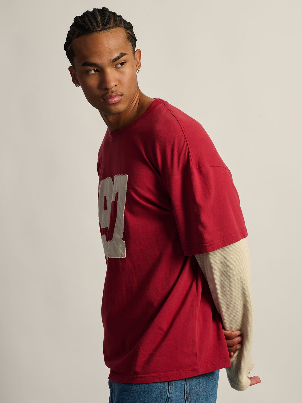 KOLBY LONG SLEEVE WAFFLE FOOTBALL T-SHIRT - RED
