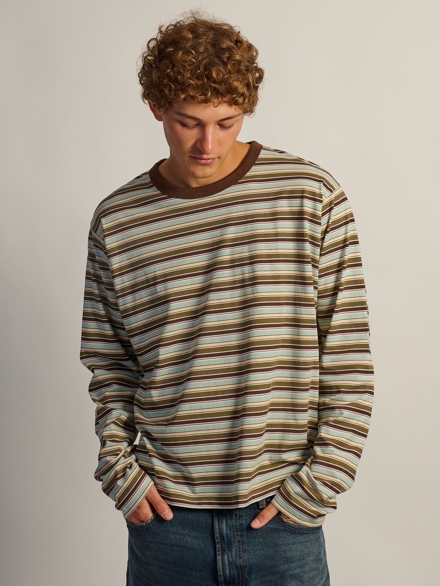 KOLBY ESSENTIAL BAGGY LONG SLEEVE TEE - BROWN STRIPE