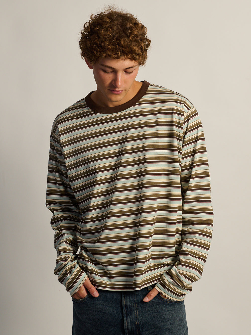 KOLBY ESSENTIAL BAGGY LONG SLEEVE TEE - BROWN STRIPE