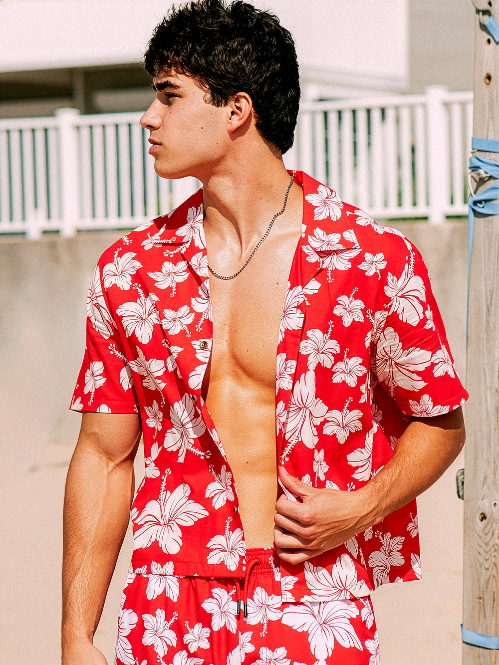 KOLBY SWIM HIBISCUS WOVEN SHIRT - RED
