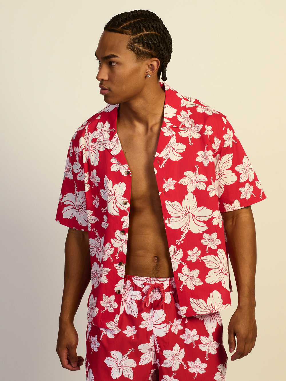 KOLBY SWIM HIBISCUS WOVEN SHIRT - RED