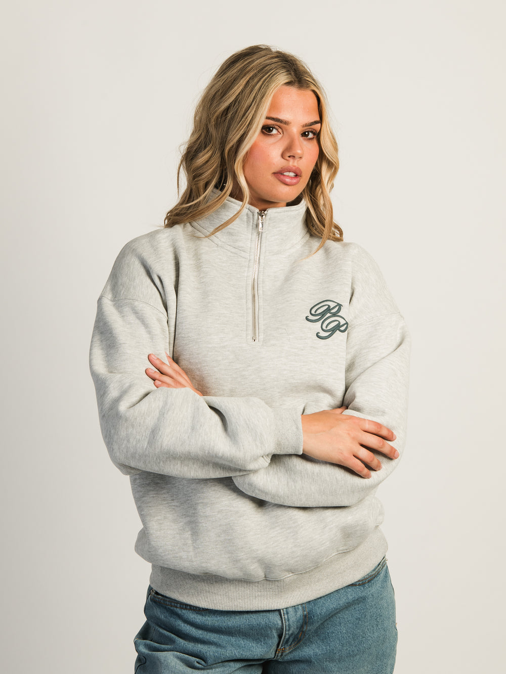 PRINCESS POLLY CURSIVE TEXT QUARTER ZIP SWEATSHIRT