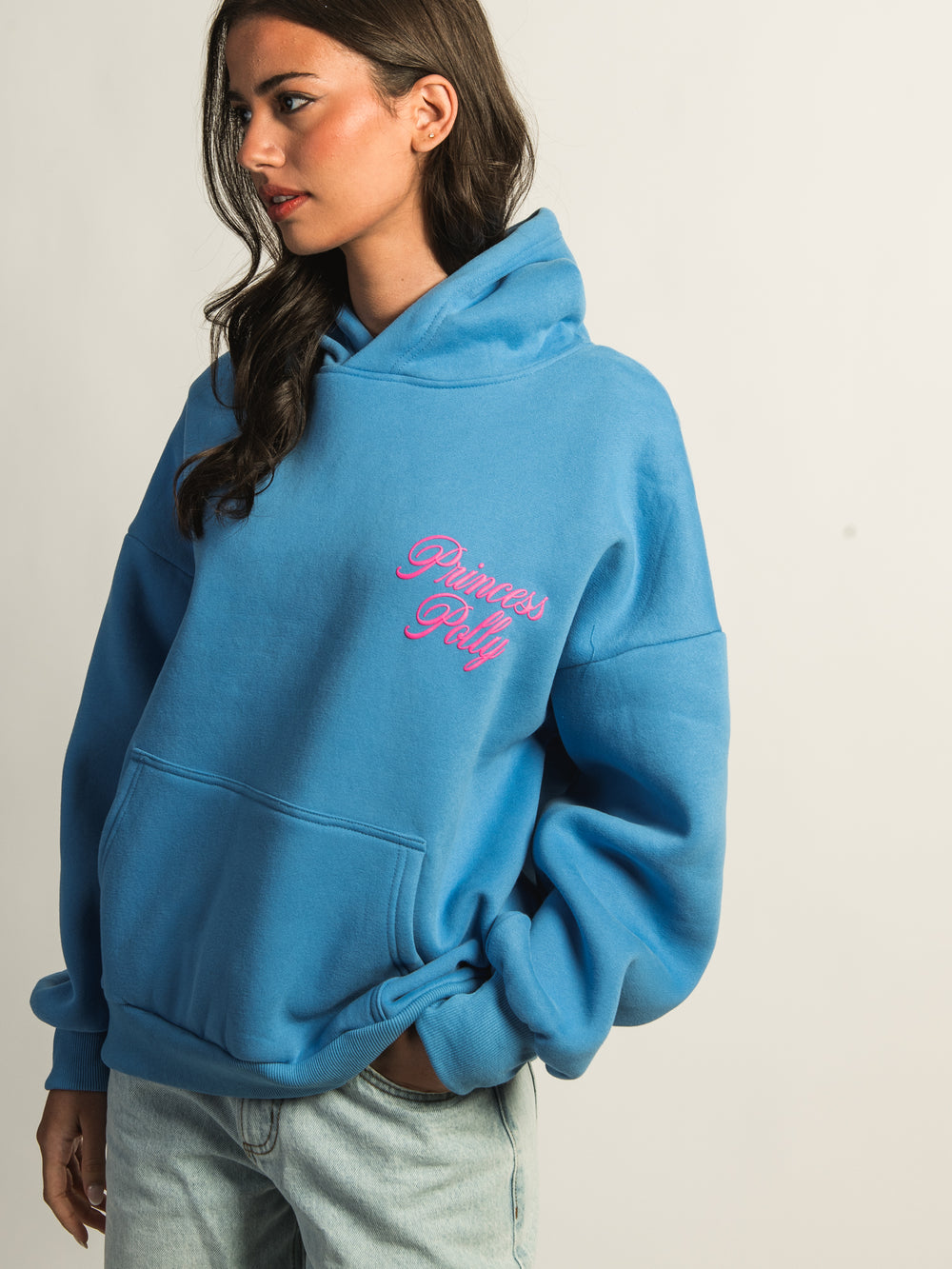 PRINCESS POLLY BRT BLU HOODIE W/ PINK CHEST PRINT