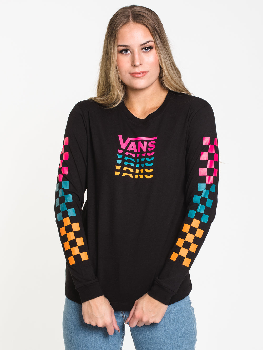 WOMENS WORD CHECK L/S TEE - BLACK - CLEARANCE