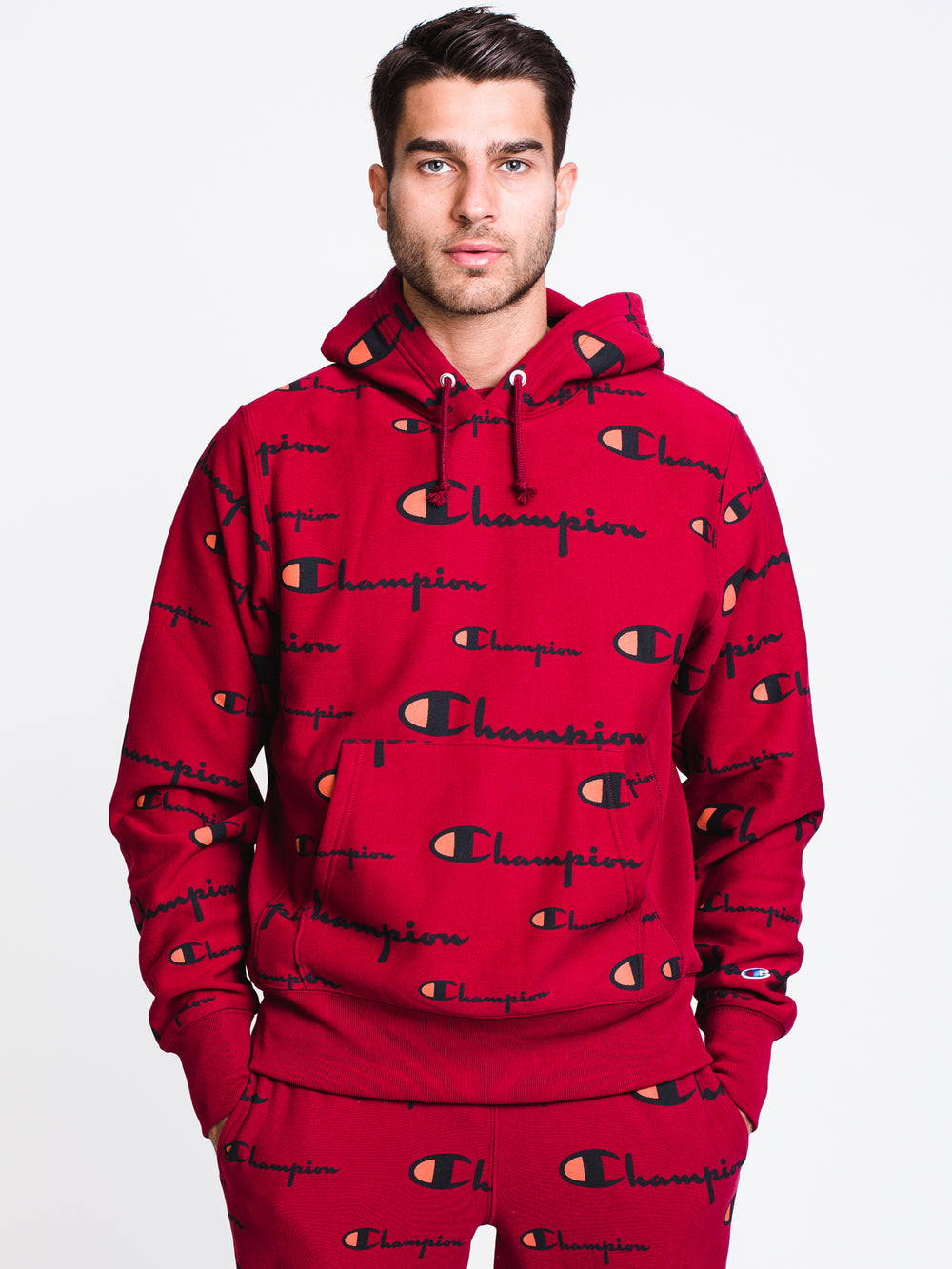 MENS REV WEAVE ALL OVER PRINT PULLOVER HOODIE- CHRRY - CLEARANCE