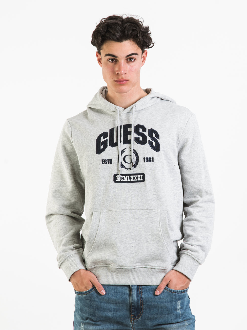 GUESS ORGANIC FRENCH TERRY COTTON COLLEGIATE PULL OVER HOODIE - CLEARANCE