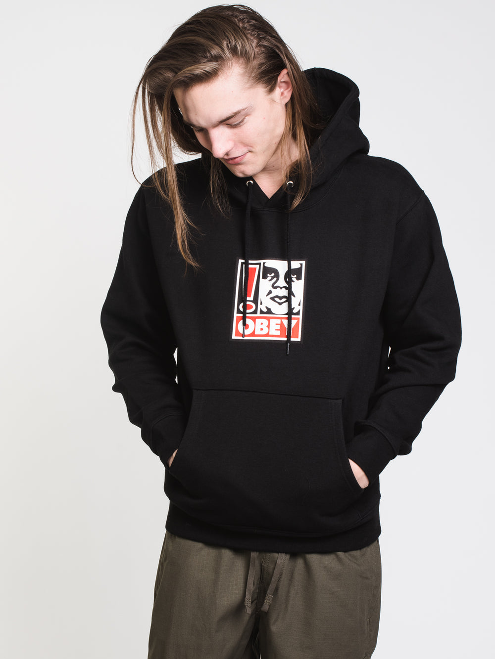 MENS BOX EXCLAMATION PULLOVER HOODIE - BLACK - CLEARANCE