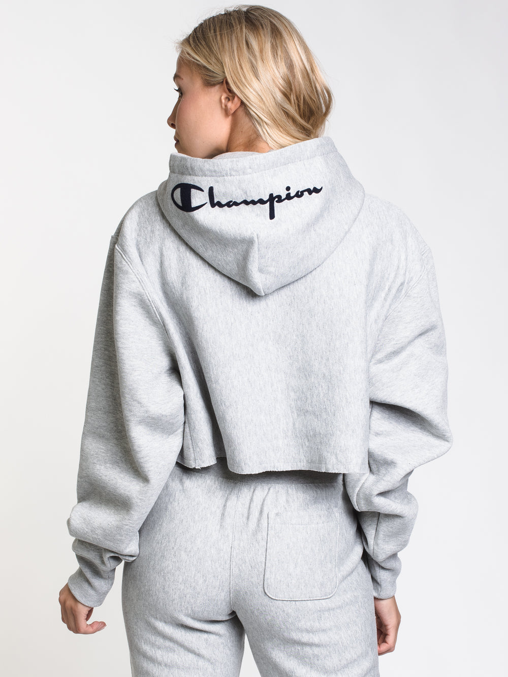 WOMENS FLOCK SCRIPT CROP PULLOVER HD - GRY - CLEARANCE