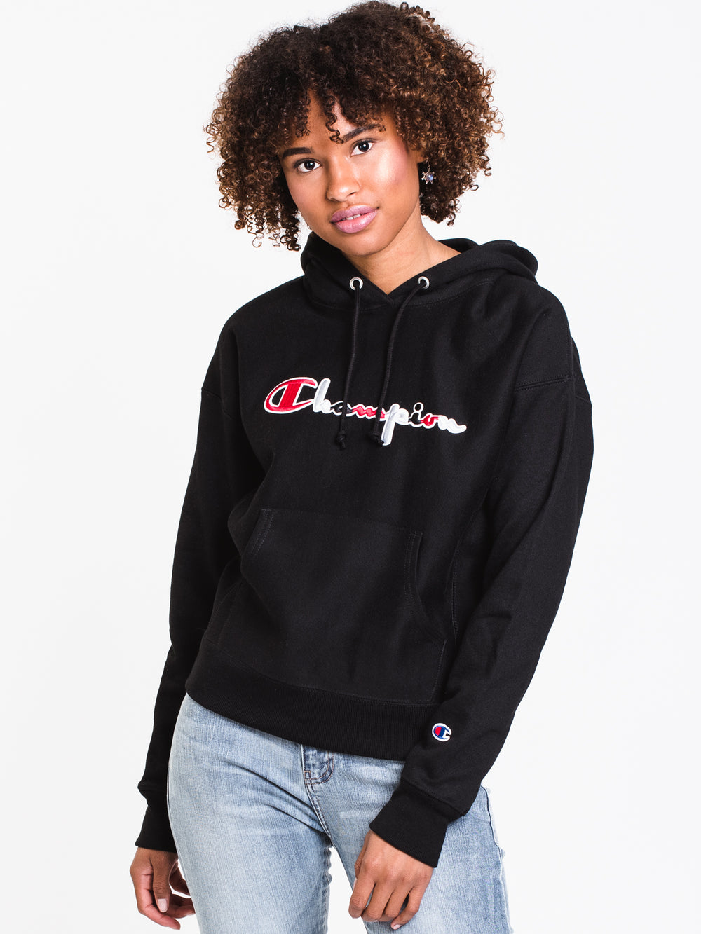 WOMENS 3COLOUR SCRIPT PULLOVER HOODIE- BLK - CLEARANCE
