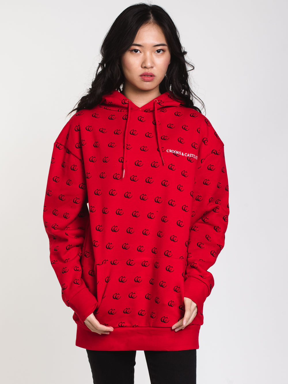 WOMENS C&C ALL OVER PRINT HOODIE FLEECE - RED - CLEARANCE