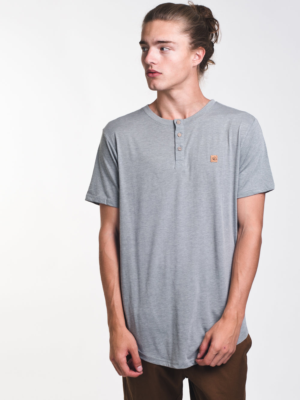 MENS LONG SHORT SLEEVE HENLEY T - GREY - CLEARANCE