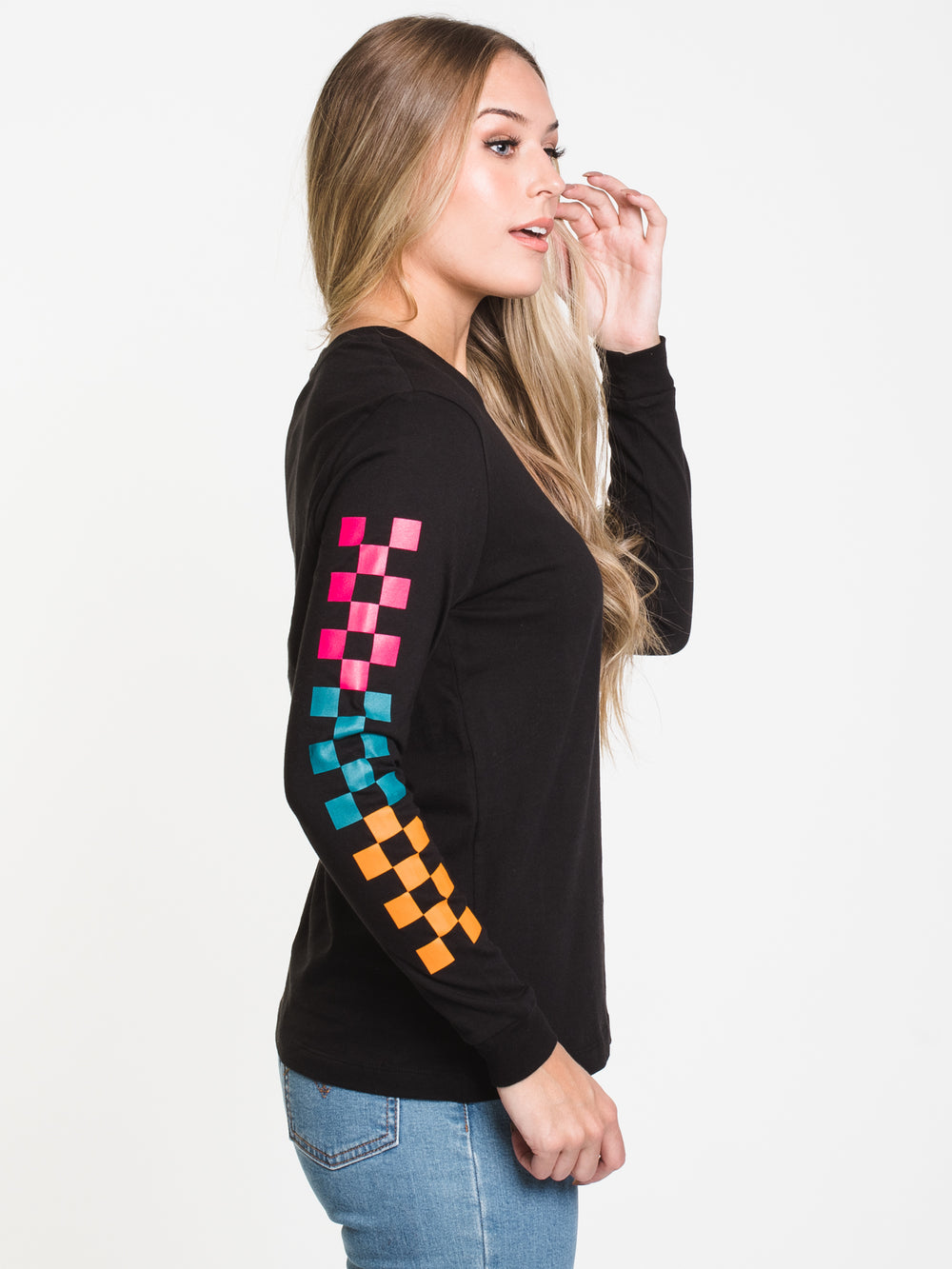 WOMENS WORD CHECK L/S TEE - BLACK - CLEARANCE