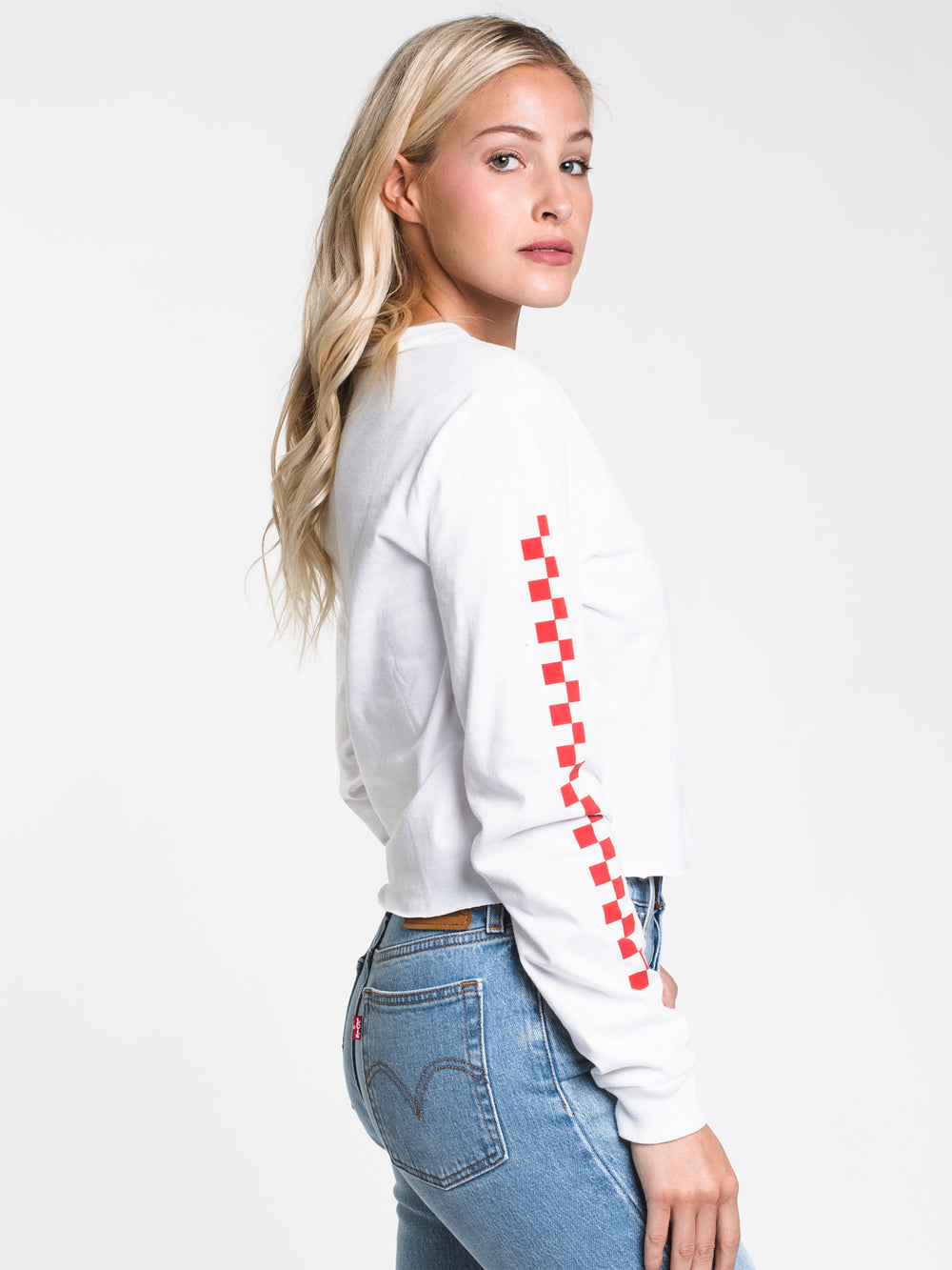 WOMENS CHECKED CROP LONG SLEEVE TEE - WHITE - CLEARANCE